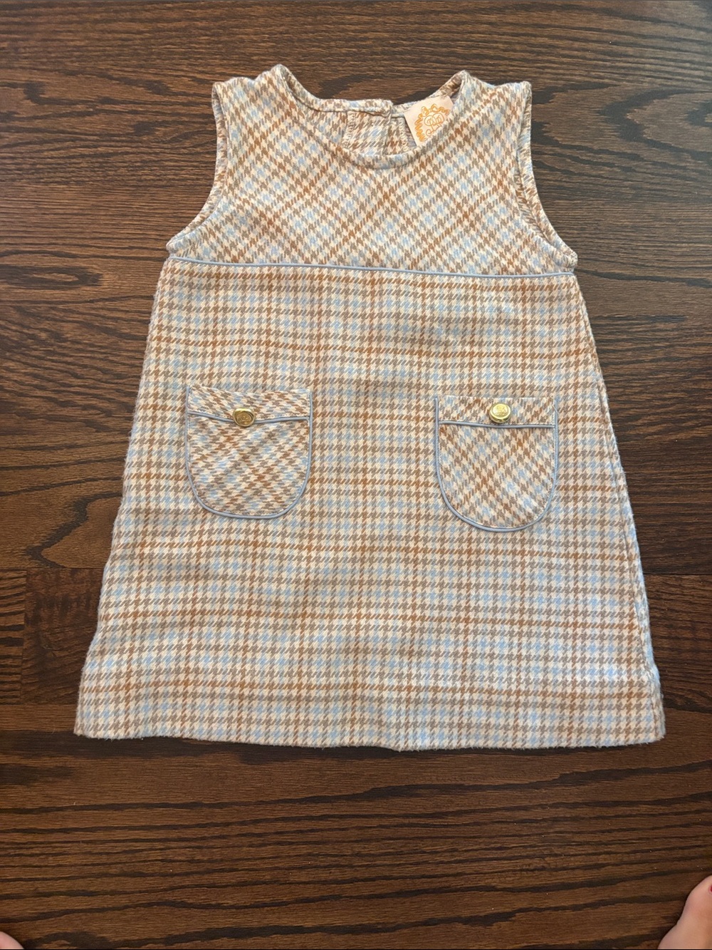 The Beaufort Bonnet Company Girls Houndstooth Pinafore Dress in Blue and Tan